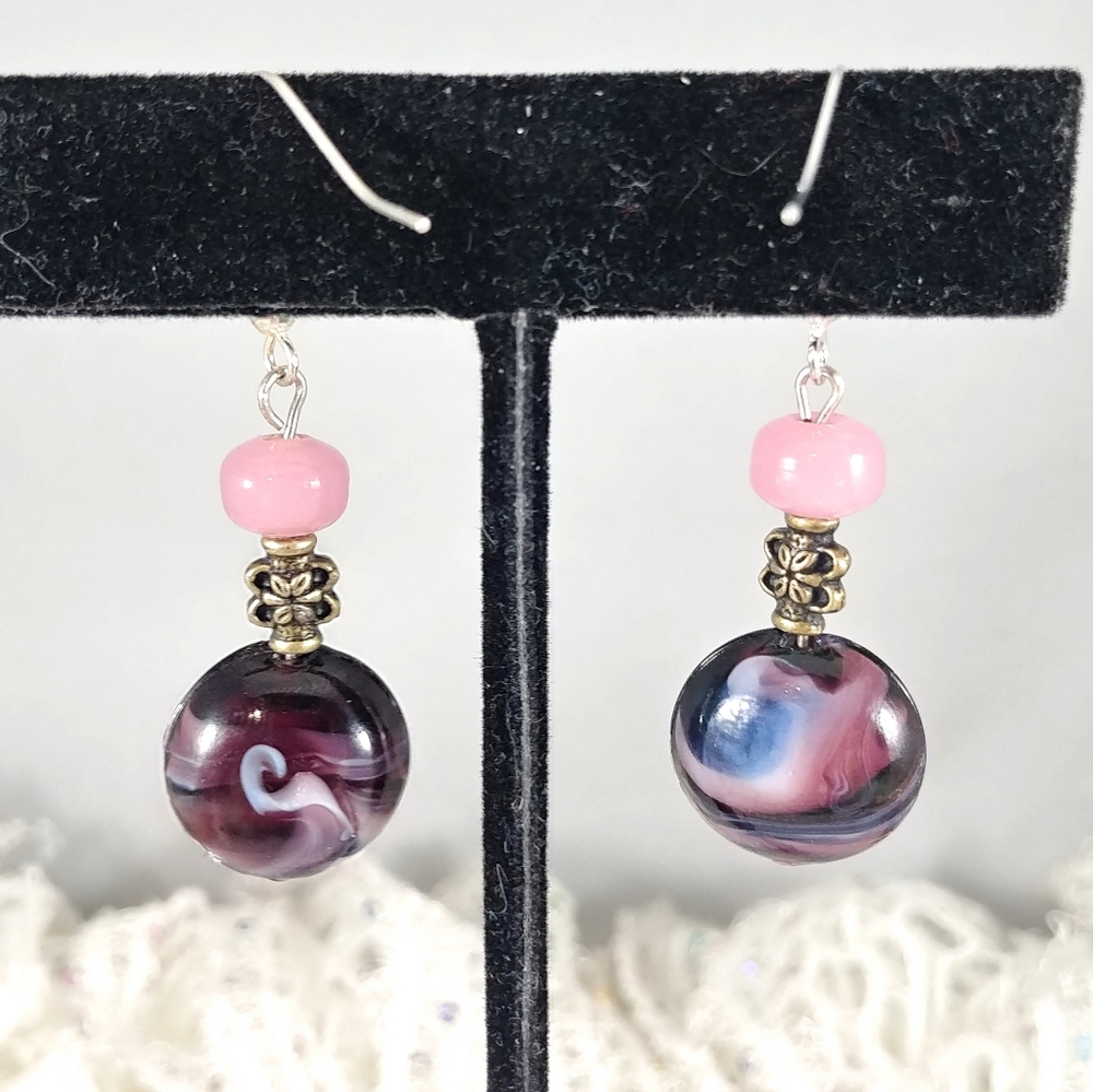 Purple and white milky glass beaded earrings